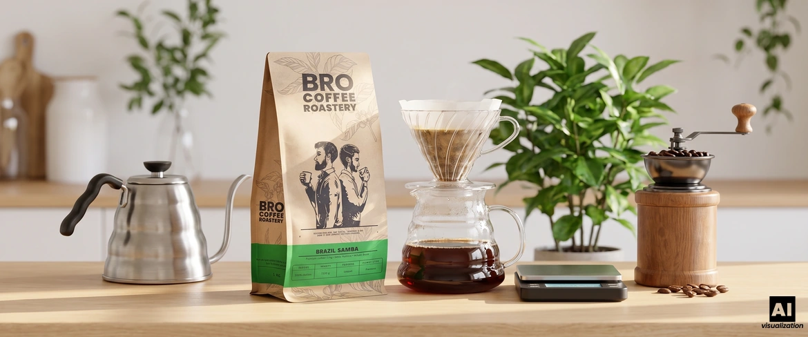 Caffè Samba di Bro Coffee Roastery (Brasile) accanto a un filtro, un bollitore, una bilancia e un macinacaffè manuale.