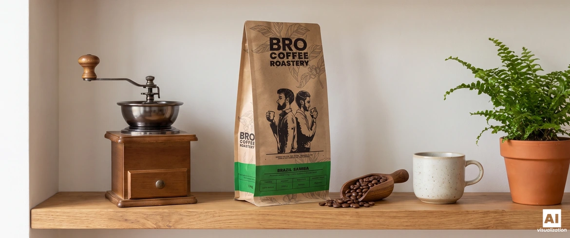 Una confezione sigillata di caffè “Brazil Samba” della Bro Coffee Roastery su uno scaffale accanto a un macinacaffè manuale e a una tazza.