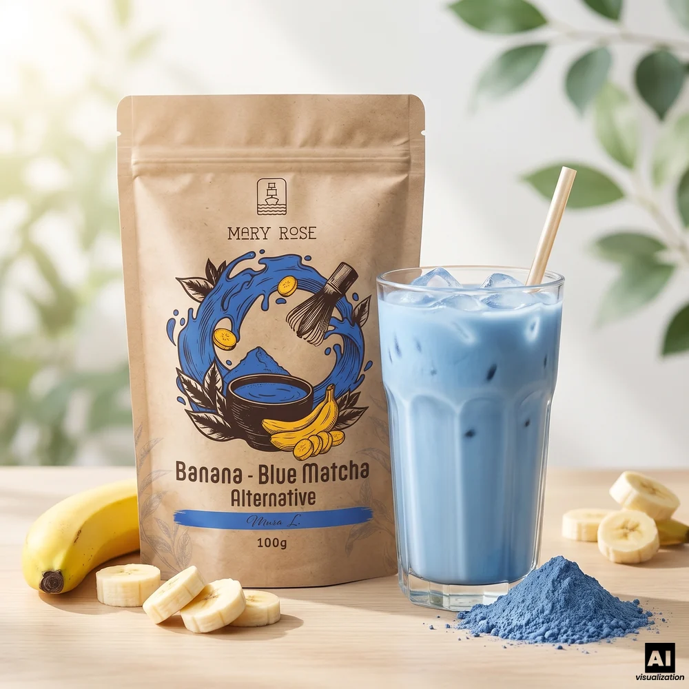 Mary Rose Blue Matcha Alternative – matcha blu con banana e spirulina, accanto a un latte macchiato freddo blu e a una banana.