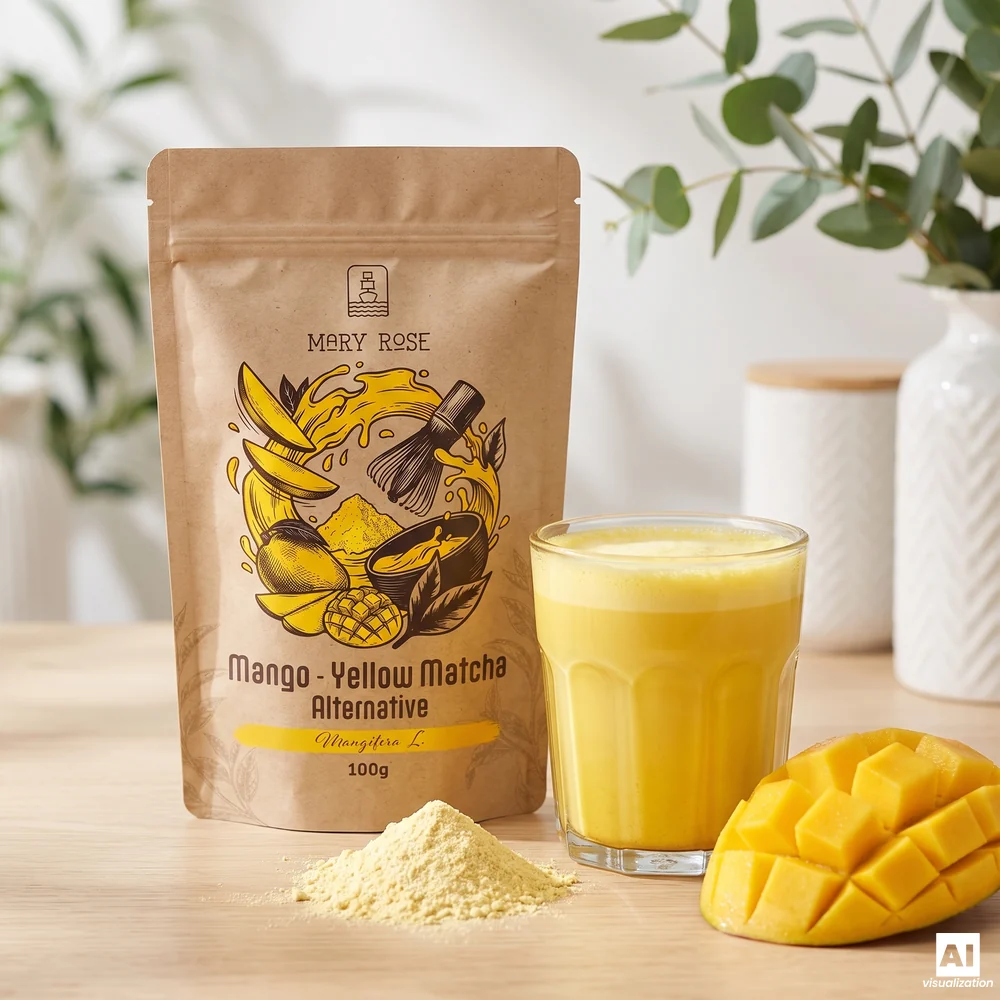 Mary Rose Yellow Matcha Alternative (matcha al mango): una confezione, una bevanda gialla, polvere e mango a cubetti.