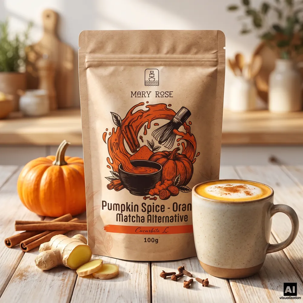 Mary Rose, matcha all'arancia e Pumpkin Spice, accanto a un latte macchiato alla cannella, una zucca, bastoncini di cannella, zenzero e chiodi di garofano.