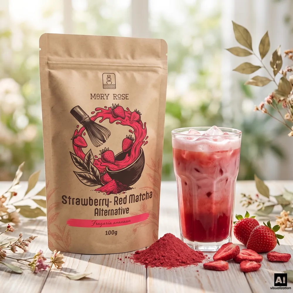 Matcha rosso Mary Rose a base di fragole liofilizzate, accanto a un latte macchiato freddo alla fragola rosso, in polvere e fragole fresche.