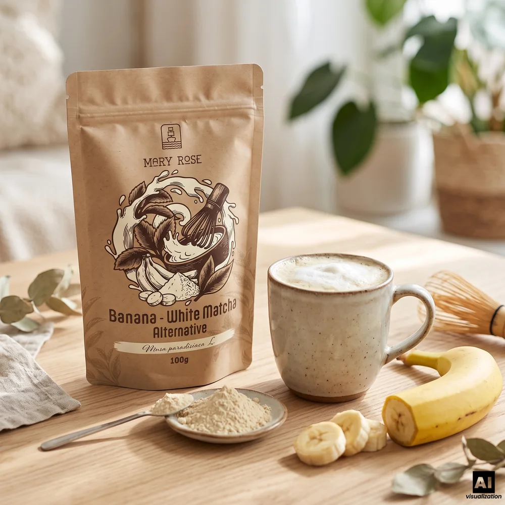 Matcha bianco Mary Rose: polvere di banana liofilizzata, accanto a una tazza di cremoso latte alla banana, una frusta chasen e una banana.