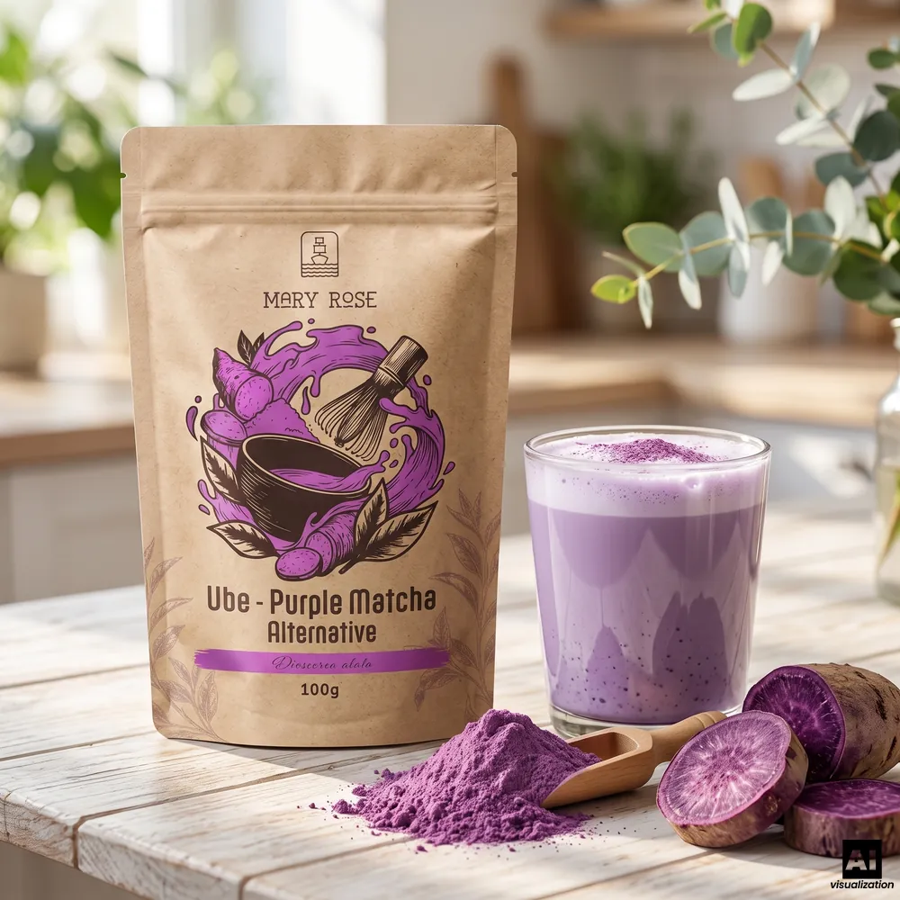 Matcha viola Mary Rose: polvere di ube, accanto a un latte viola all’ube, polvere su un cucchiaio di legno e fette di tubero viola.
