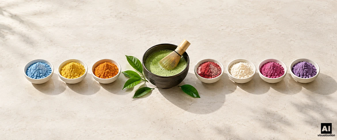 Il classico matcha verde in una ciotola con una frusta chasen, e accanto ad esso matcha colorato in sette piccole ciotoline di polvere.