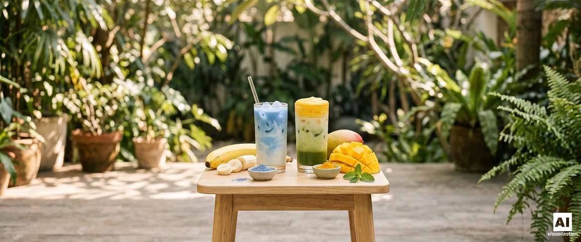 Matcha blu con banana e un latte al matcha e mango a strati con schiuma gialla, accanto a una banana fresca e a pezzetti di mango.