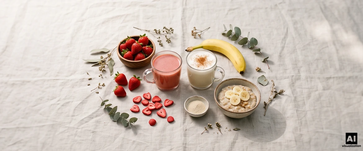 Matcha rosso in una tazza, sotto forma di latte alla fragola e latte alla banana con cannella, accanto a fragole, una banana e porridge.
