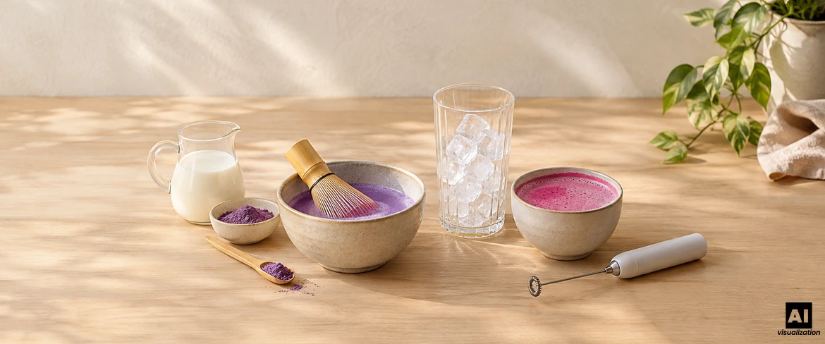 Preparazione di un matcha colorato: ube viola in una ciotola con una frusta chasen, una bevanda rosa, latte, ghiaccio e un montalatte elettrico.