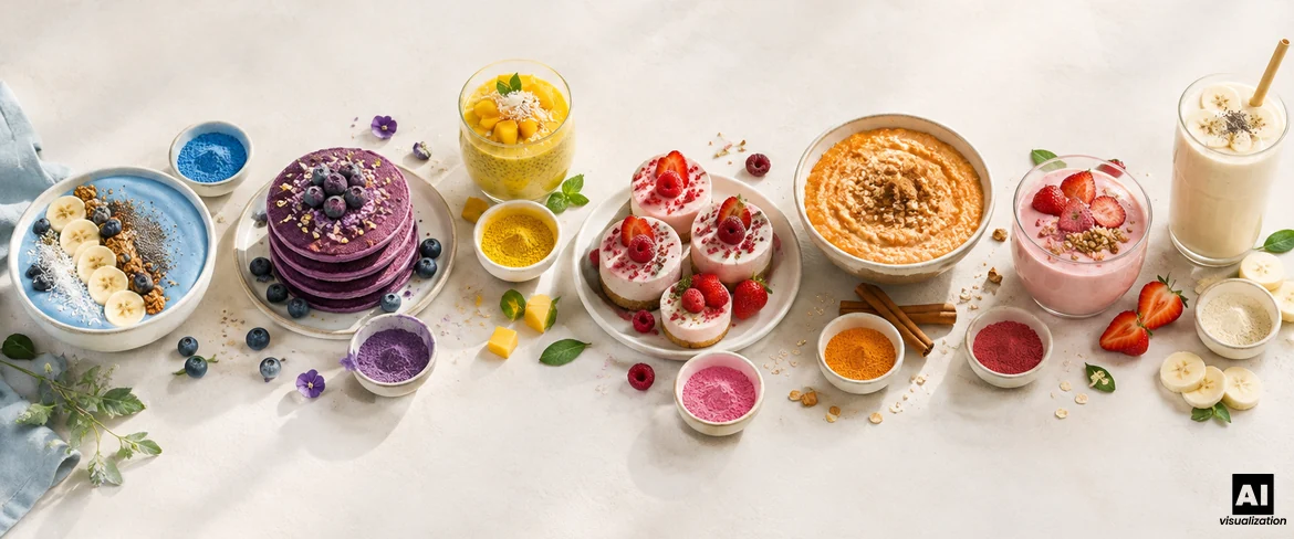 Polveri colorate in cucina: una smoothie bowl blu, pancake viola all’ube, budino al mango e mini cheesecake rosa.