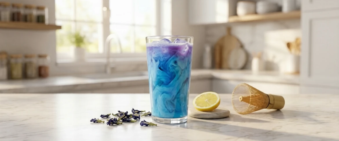 Cos'è il matcha blu e che aspetto ha? Matcha blu ricavato dalla clitoria ternatea servito con limone