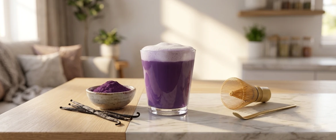 Cos'è l'ube? È un matcha viola preparato in un bicchiere con del latte