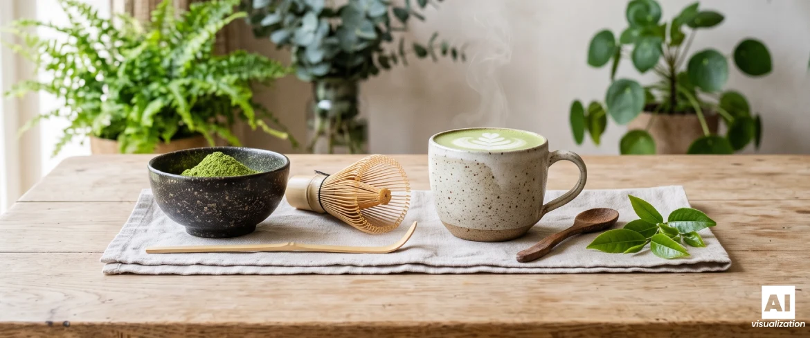 Un matcha latte con latte in una tazza di ceramica, una ciotola di matcha in polvere e una frusta di bambù.