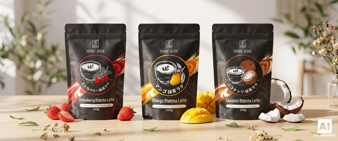 Confezioni di Mary Rose Strawberry, Mango e Coconut Matcha Latte su un tavolo di legno.