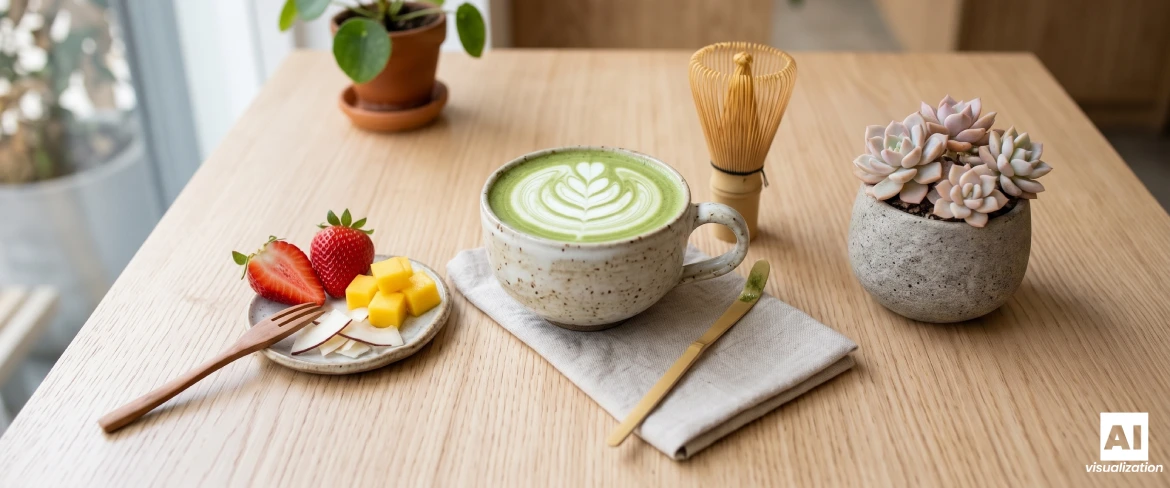 Un matcha latte con latte, una frusta di bambù e fragole, mango e cocco su un tavolo.