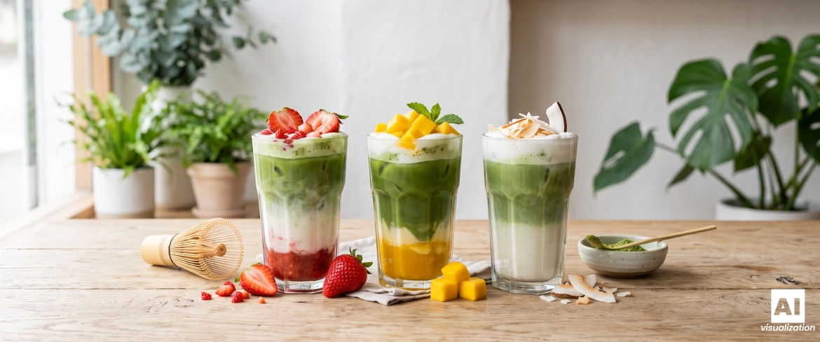 Latte al matcha colorati e a strati con fragole, mango e cocco, serviti in bicchieri.