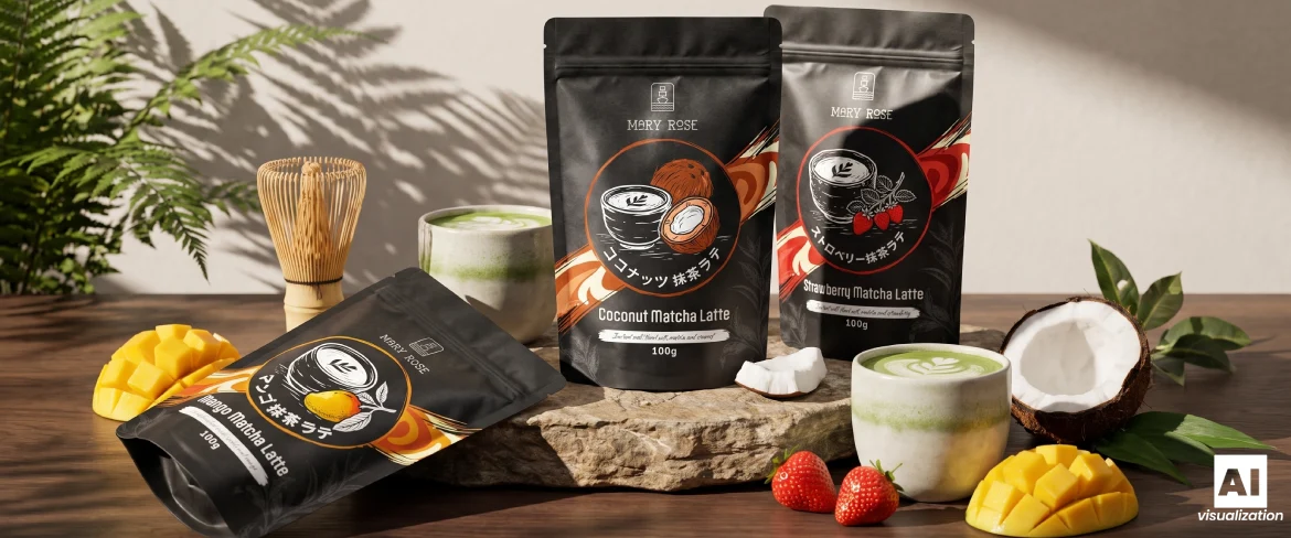 Prodotti Mary Rose al matcha latte in tre gusti, con una bevanda, della frutta e una frusta di bambù.