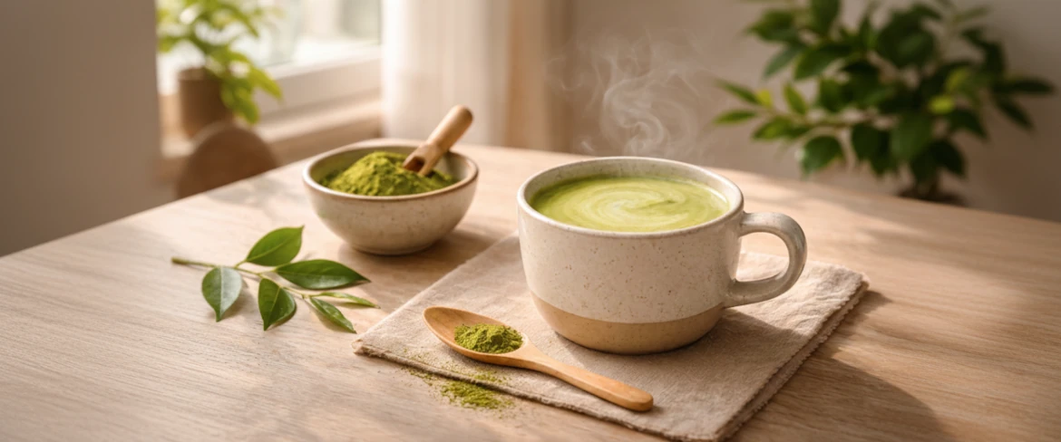Matcha latte: che cos'è? Tè verde matcha con latte servito in una tazza