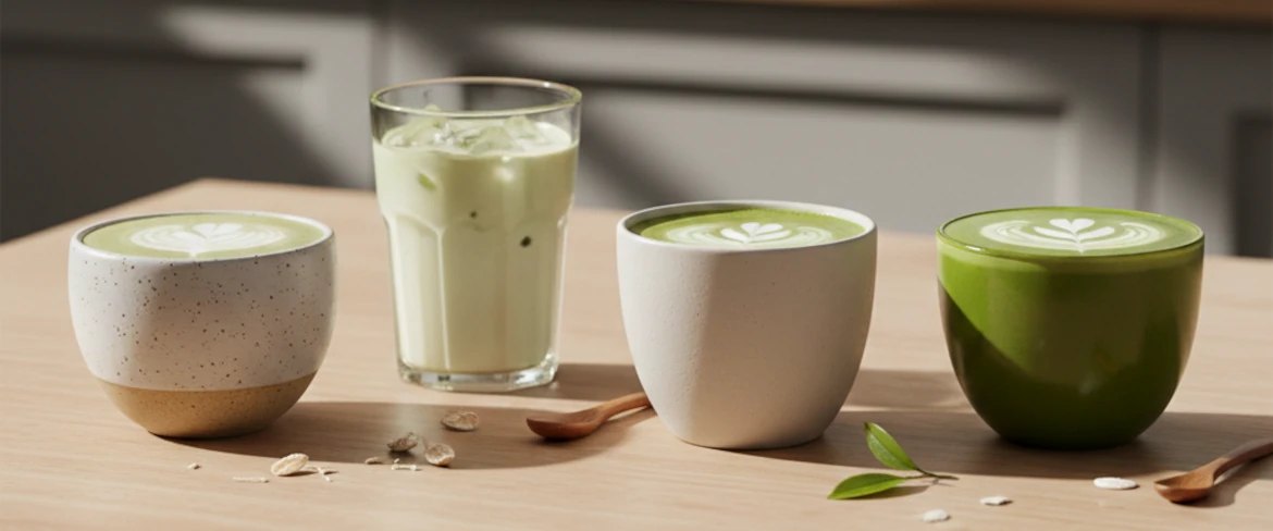 Matcha latte con diversi tipi di latte: avena, cocco e mandorla