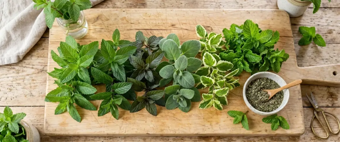 Un tagliere da cucina con diverse varietà di menta