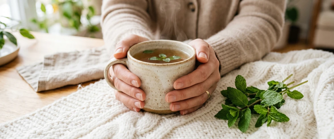 Una persona che si scalda le mani con una tazza di infuso alla menta, a dimostrazione degli effetti rilassanti del tè alla menta