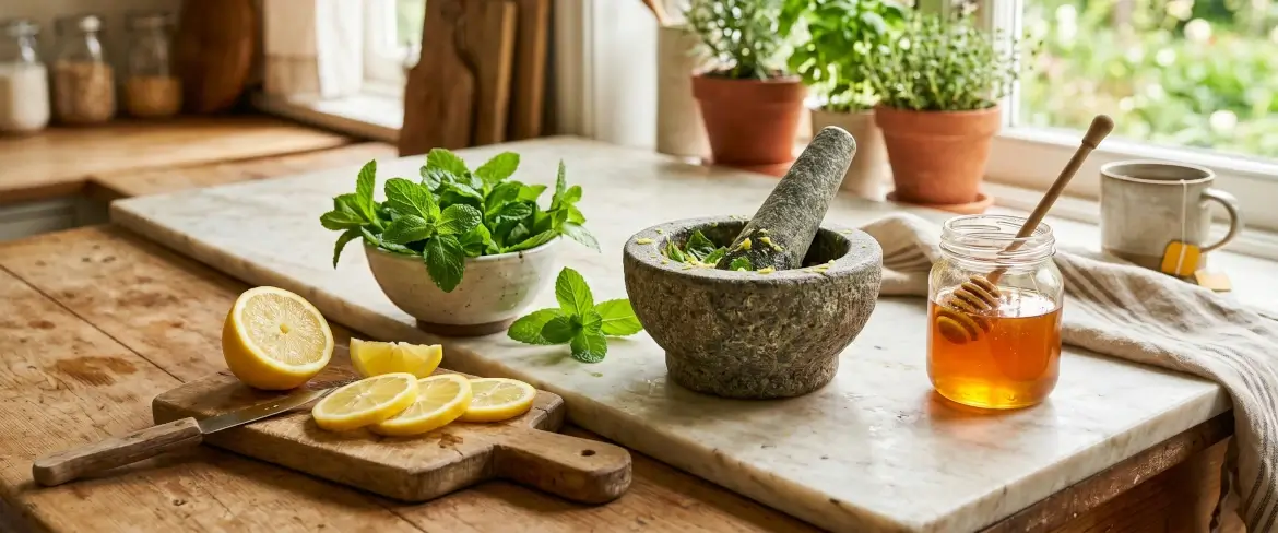 Menta fresca, limoni e miele in una cucina, a illustrare i benefici della menta in caso di infezione