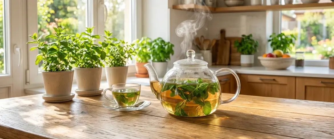 Menta verde fresca in infusione in una teiera di vetro