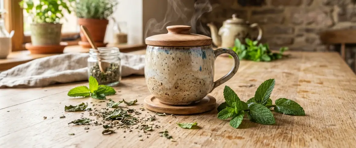 Infuso di menta che cuoce a fuoco lento sotto un coperchio