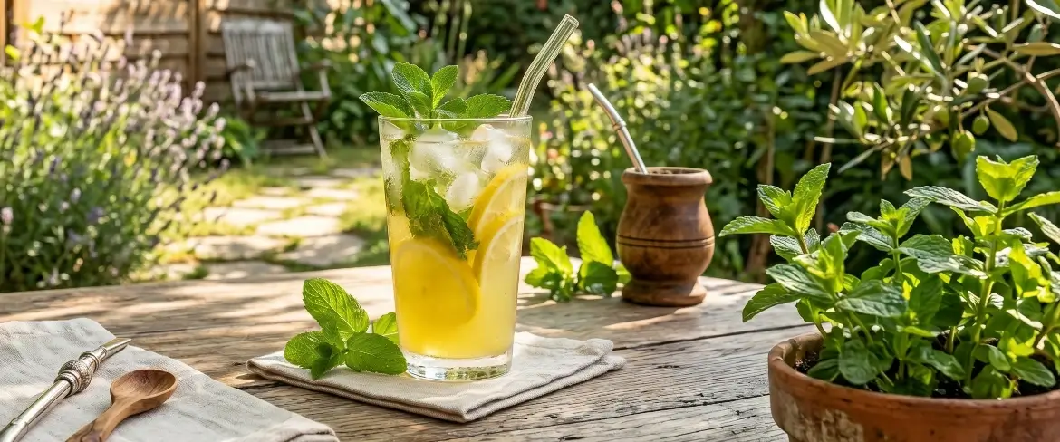 Una rinfrescante limonata ghiacciata accanto a una tradizionale calama (coppa per il mate) – come usare la menta in estate