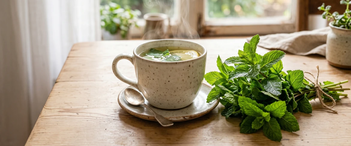 Una tazza leggera con un infuso caldo alla menta e una fetta di limone