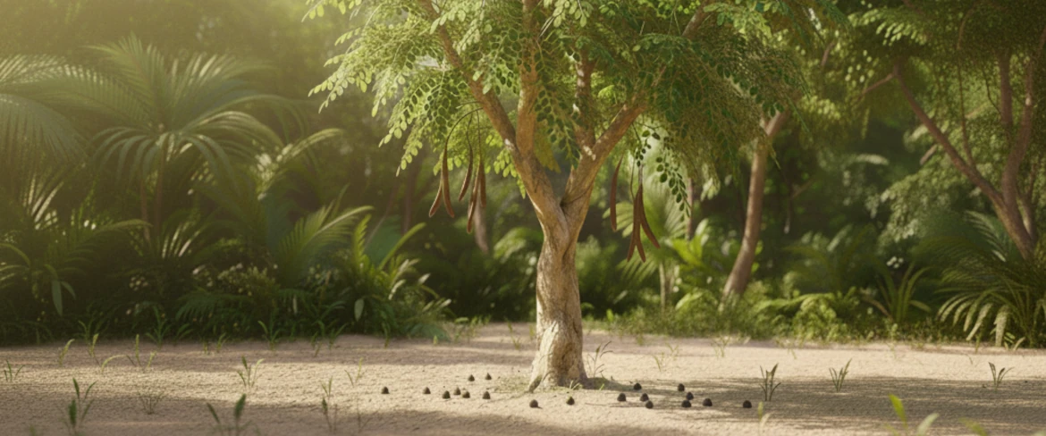 Foglie dell'albero di moringa alla luce del sole tropicale – coltivazione naturale della moringa