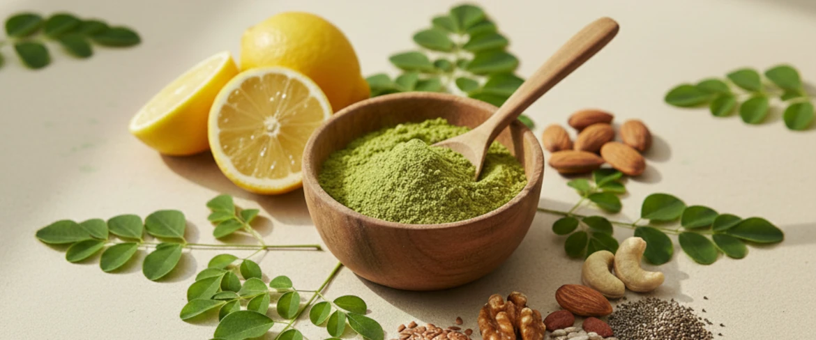 Polvere di moringa e foglie di moringa – ricche di sostanze nutritive e antiossidanti
