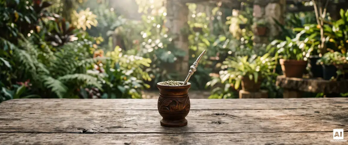 Zucca di legno per il mate con yerba mate forte e una bombilla su uno sfondo di fogliame verde.