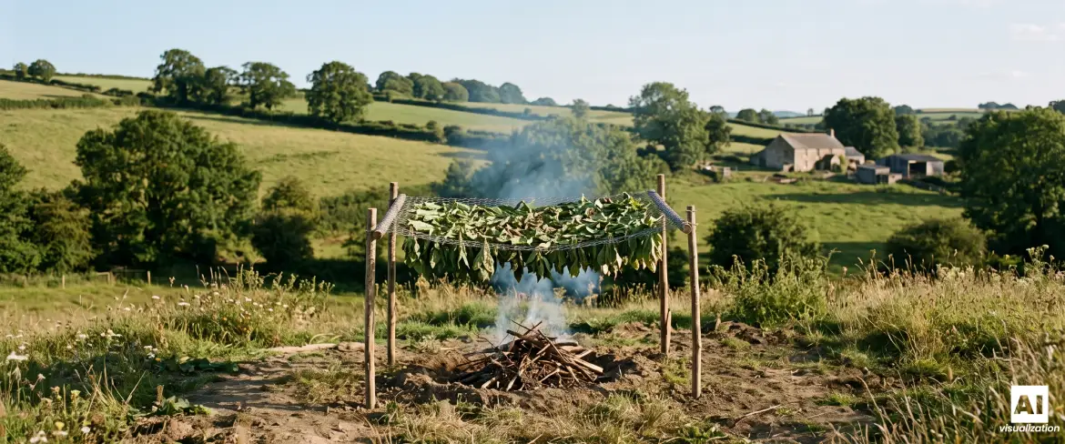 Essiccazione delle foglie di yerba mate sul fuoco con il metodo del barbacuá in campagna.