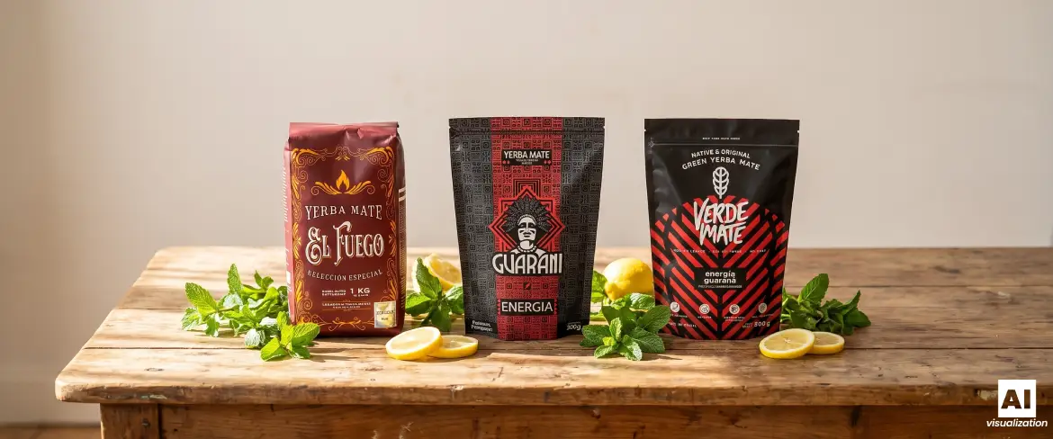 Tre varietà di yerba mate forte con guaranà e foglie essiccate al fumo su un tavolo di legno.