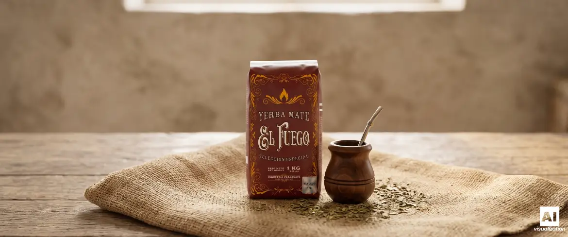 El Fuego Elaborada da 1 kg e una calice da mate con yerba mate su un tradizionale telo di iuta.