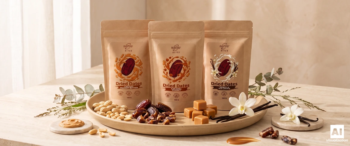 Tre varianti di gusto Nustino Bites su un vassoio con datteri, frutta secca, caramello e vaniglia.