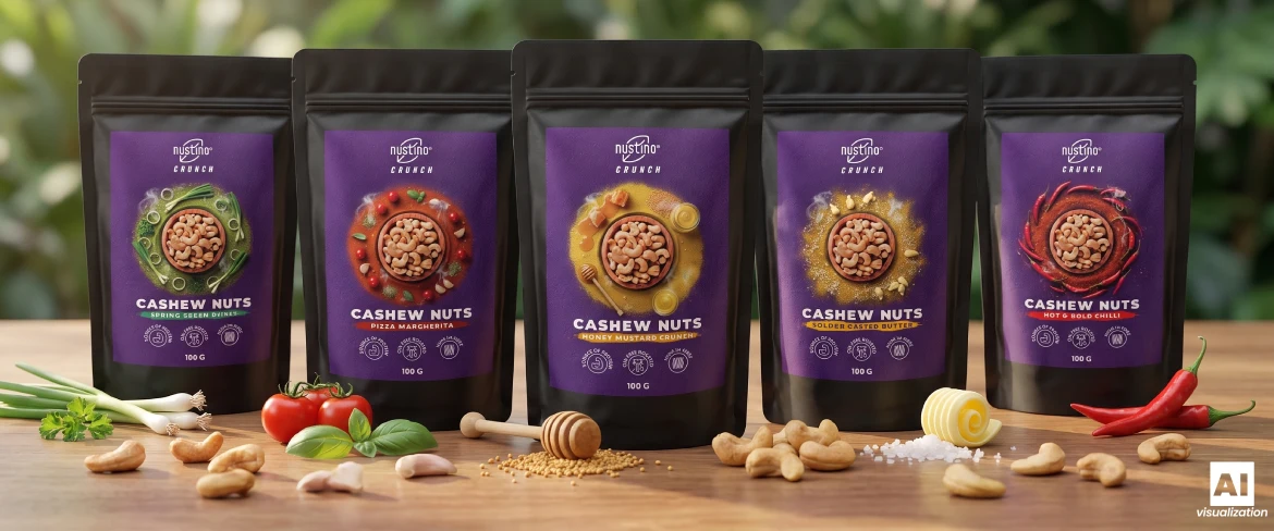 Cinque confezioni di anacardi tostati Nustino Crunch con ingredienti aromatizzanti.
