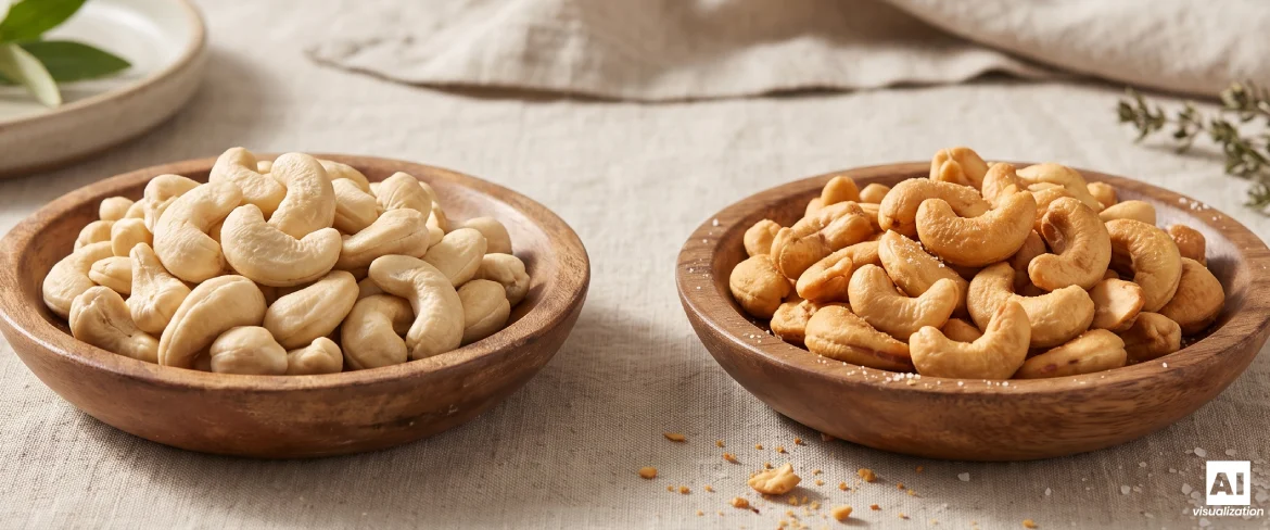 Anacardi naturali e tostati in ciotole di legno.