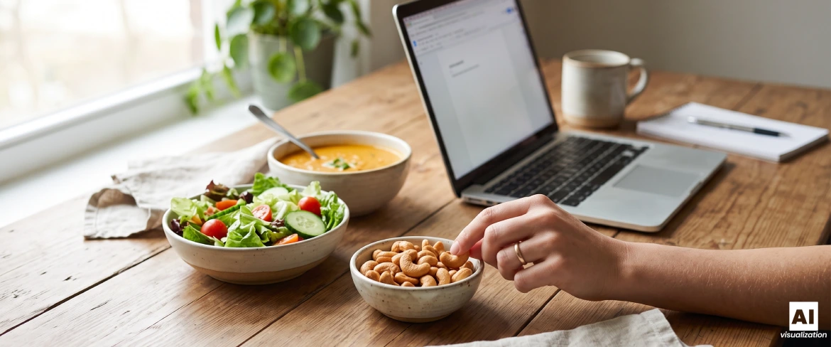 Anacardi tostati in una ciotola accanto a un'insalata, una zuppa e un computer portatile.