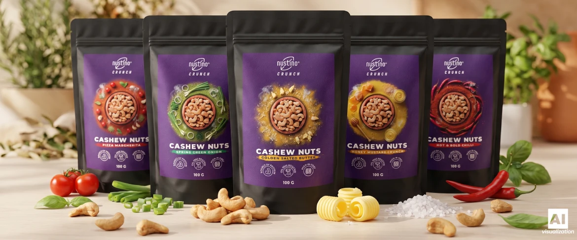 Cinque varietà di anacardi tostati Nustino Crunch.