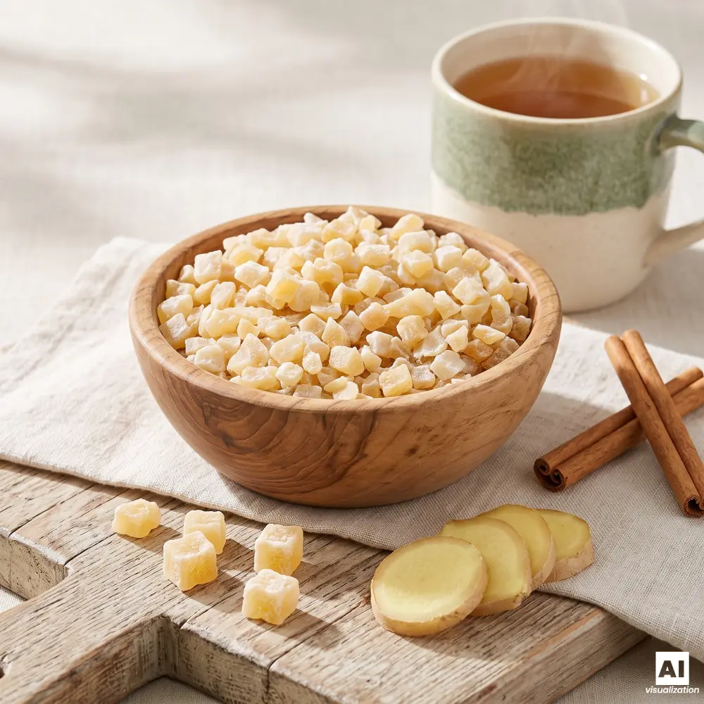 Una ciotola di legno con pezzetti di zenzero candito accanto a una tazza di tè, cannella e fette di zenzero fresco.