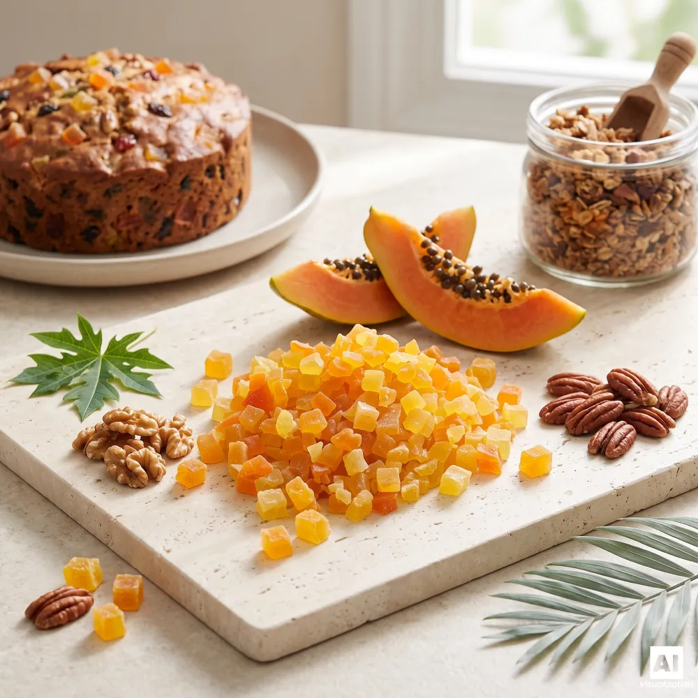 Pezzi di papaya candita accanto a una torta alla frutta, un barattolo di muesli fatto in casa, frutta secca e papaya fresca e matura.