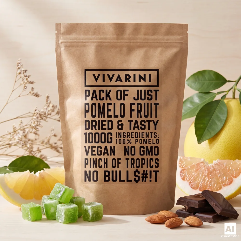 Una confezione di pomelo candito Vivarini accanto a agrumi freschi, cioccolato fondente e mandorle.