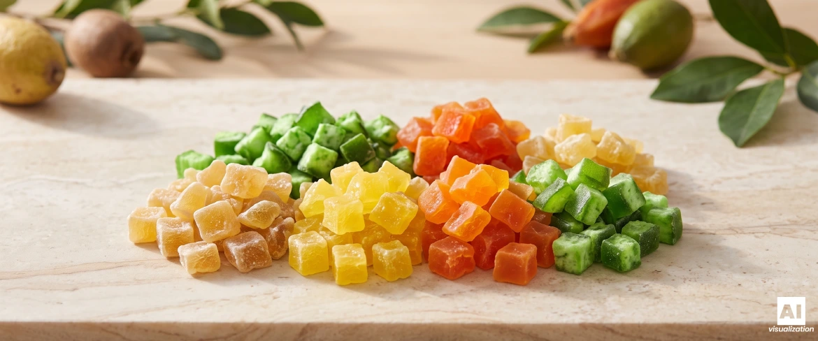Cubetti colorati di frutta candita – ananas, papaya e pomelo – disposti su un piano di lavoro in pietra chiara della cucina.
