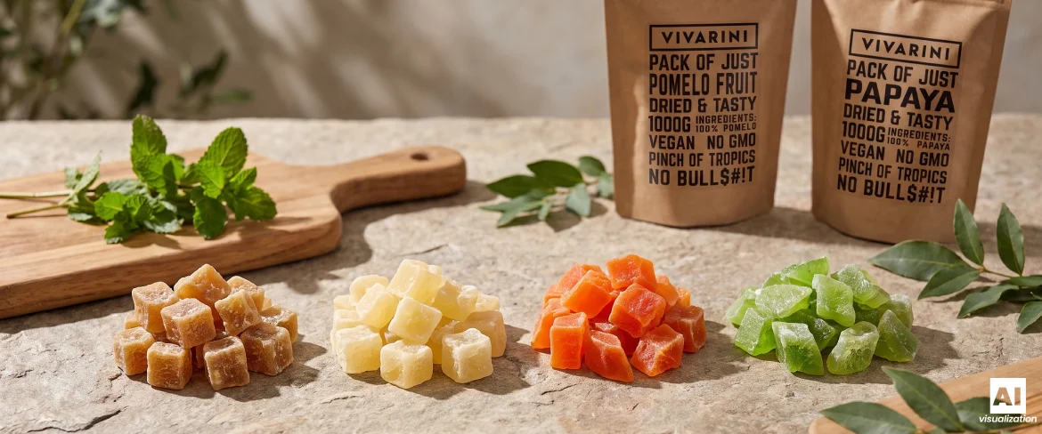Cubetti di frutta candita accanto a confezioni doypack di pomelo candito e papaya candita Vivarini su un piano di lavoro in pietra.