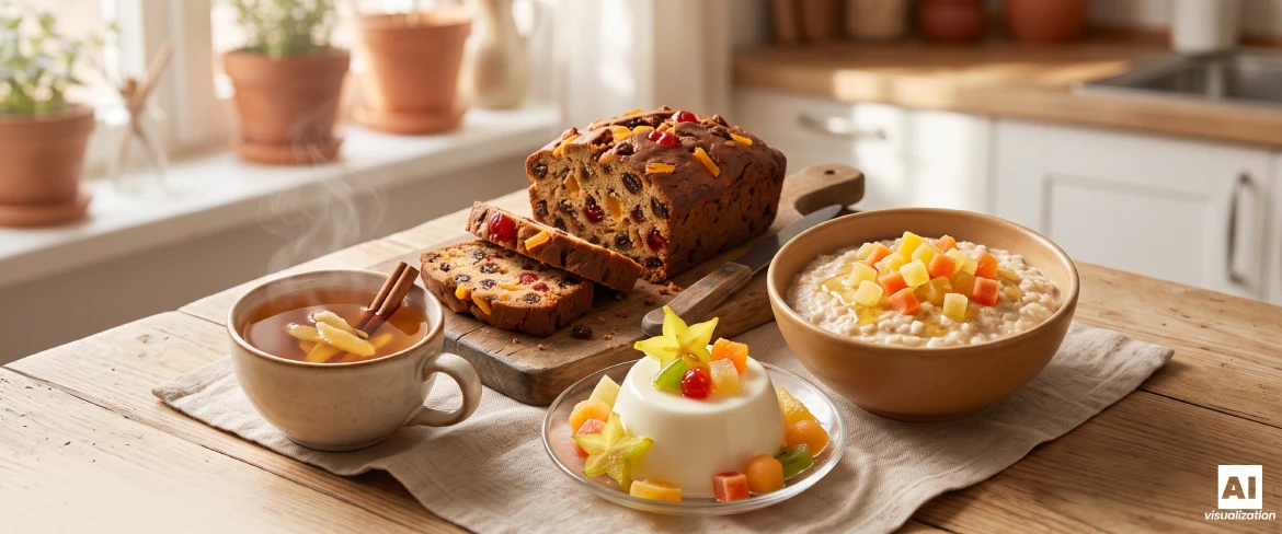 Una torta con frutta secca, un tè profumato, una panna cotta e del porridge con frutta candita su un tavolo da cucina in legno.