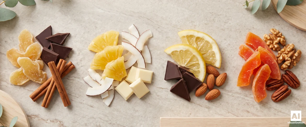 Abbinamenti consigliati: frutta candita con cioccolato, frutta secca, cocco e spezie che riscaldano.
