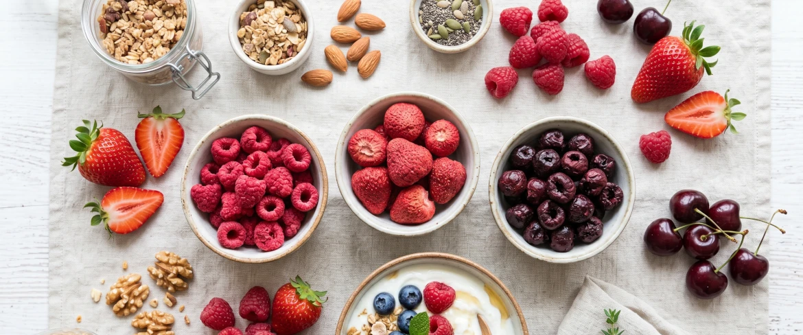Frutta liofilizzata in ciotoline: fragole liofilizzate, lamponi liofilizzati e ciliegie liofilizzate