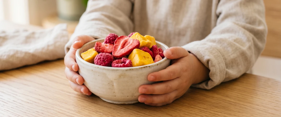 Frutta liofilizzata per bambini: uno spuntino sano in una ciotolina