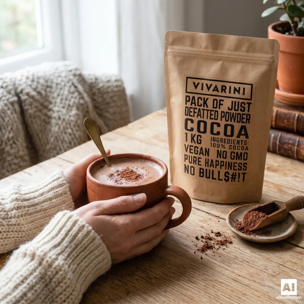 Cacao in polvere alcalinizzato Vivarini con una tazza di bevanda al cacao.